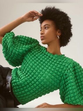 Anthropologie Eri + Ali Green Textured Puff Sleeve Top XXS Bubble Knit Statement